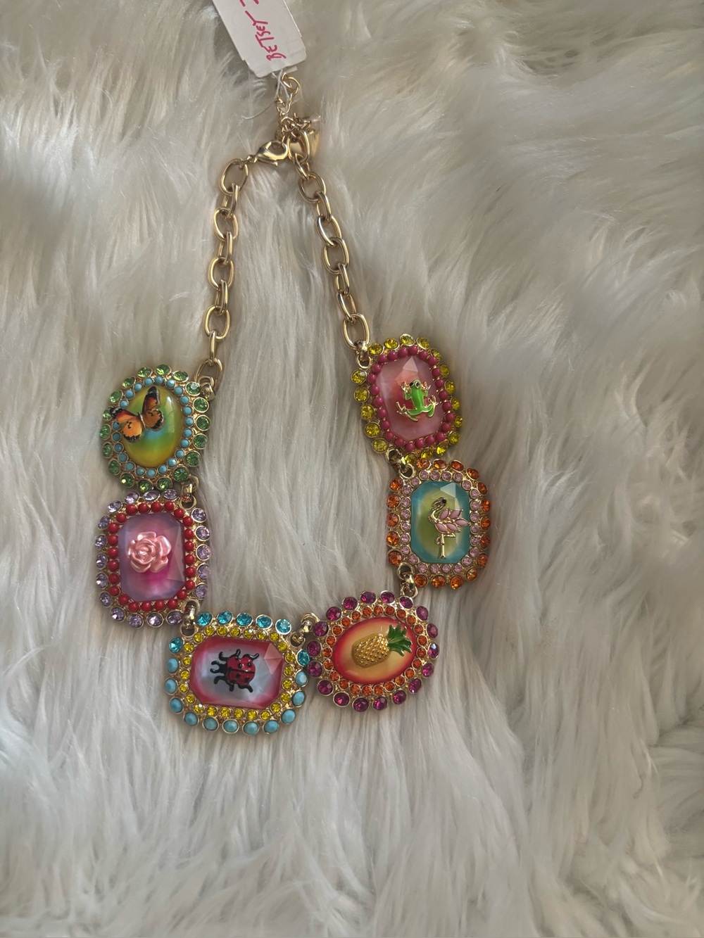 Betsey Johnson Gold Multi-Charm Necklace with Pink & Multicolor Accents